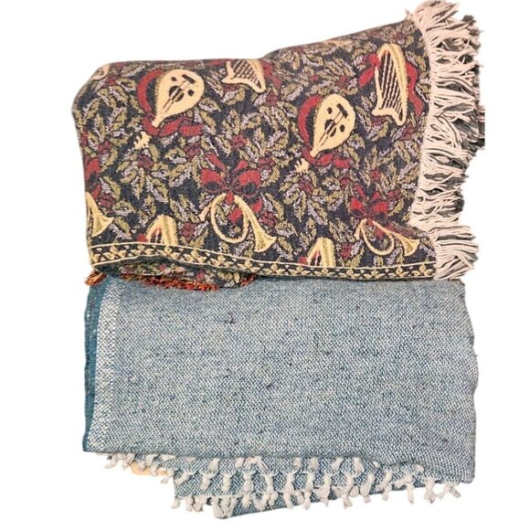 2 Lot Vintage Woven Tapestry Blanket Throw Christmas French Horn 62" X 50" - Picture 1 of 11